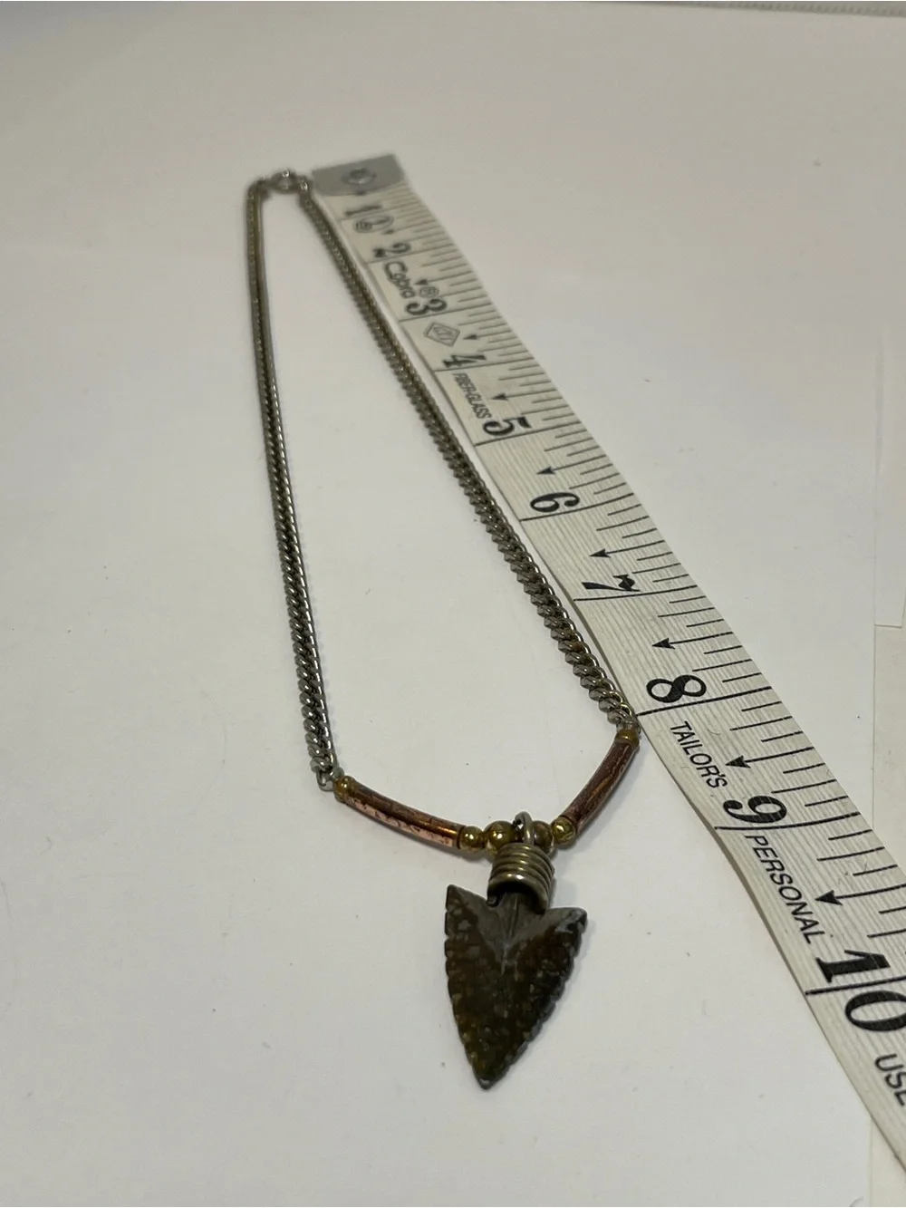 Vtg Arrowhead Necklace Silver Tone & Copper Embellished Pendant Artsy Rustic 18”